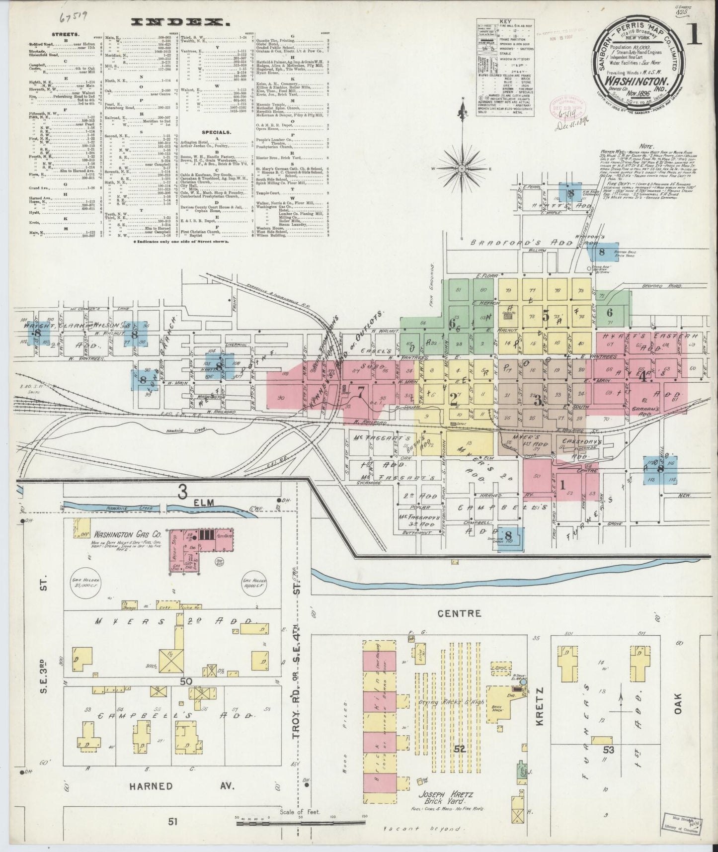 Sanborn Fire Insurance Map from Washington, Daviess County, Indiana (1896), Sheet #0001 - Historic Sanborn Fire Insurance Map Print, vintage old map wall art, antique decor, genealogy gift, Indiana Indiana map