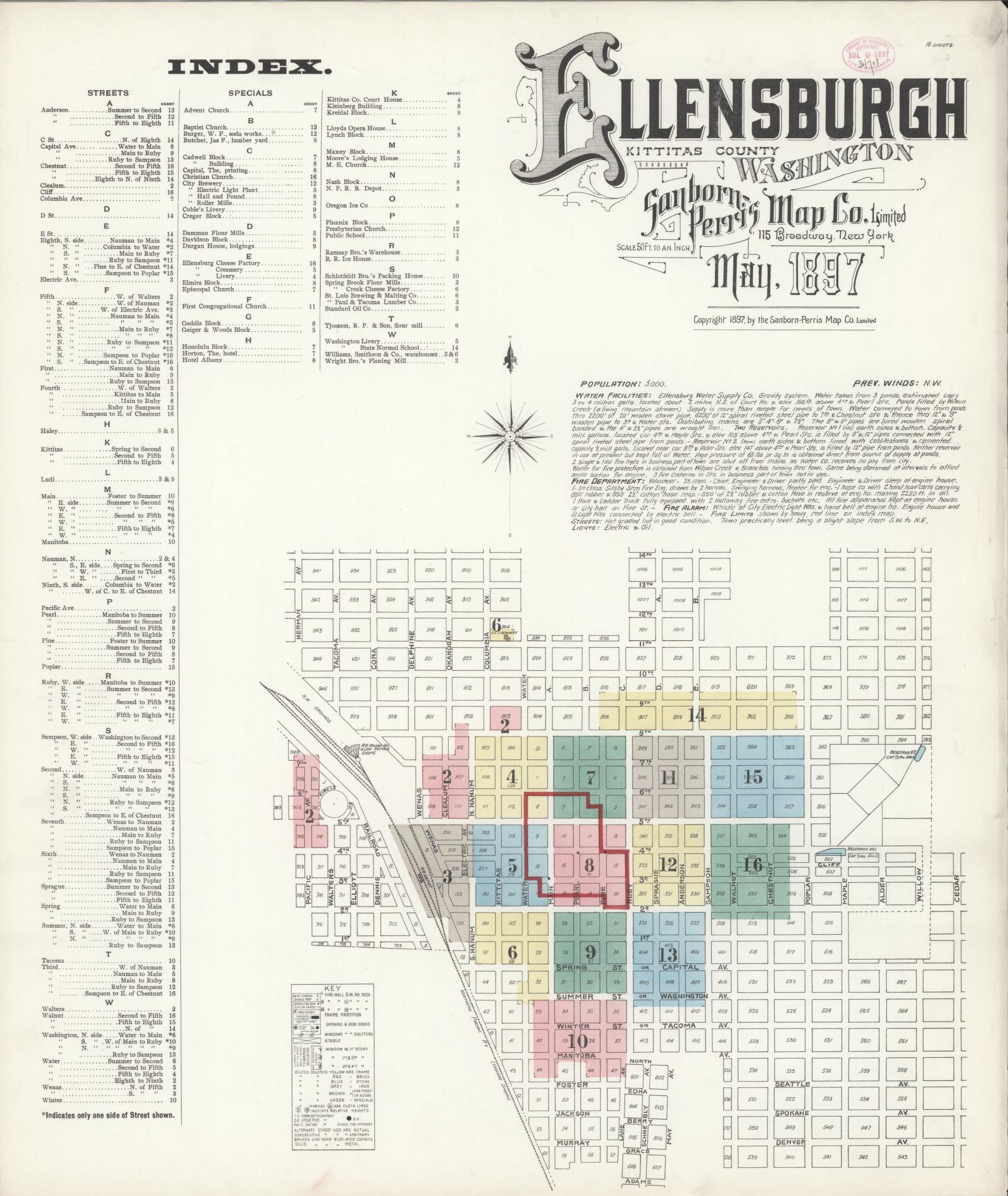 Sanborn Fire Insurance Map from Ellensburg, Kittitas County, Washington (1897), Sheet #0001 - Complete Map Set gallery image, historic Sanborn map, vintage wall art, Washington Washington