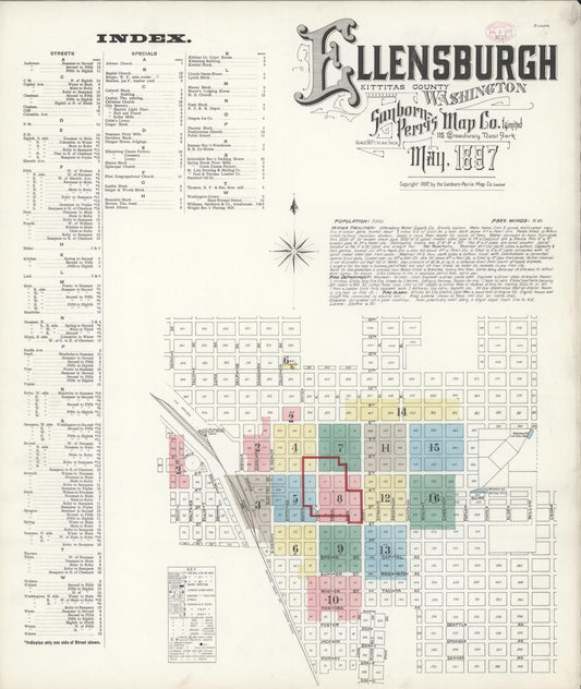 Sanborn Fire Insurance Map from Ellensburg, Kittitas County, Washington (1897), Sheet #0001 - Complete Map Set gallery image, historic Sanborn map, vintage wall art, Washington Washington