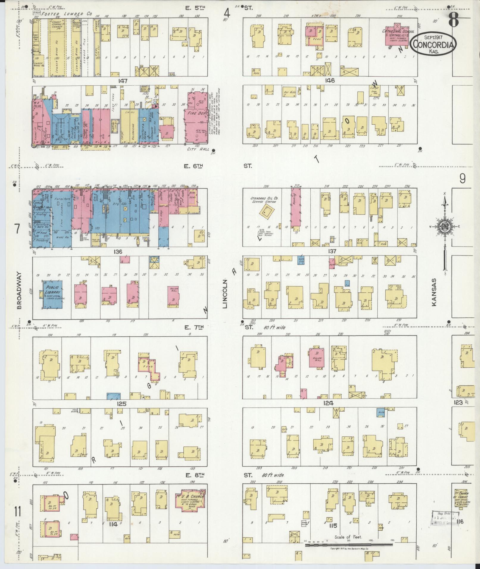 Sanborn Fire Insurance Map from Concordia, Cloud County, Kansas (1917), Sheet #0008 - Complete Map Set gallery image, historic Sanborn map, vintage wall art, Kansas Kansas