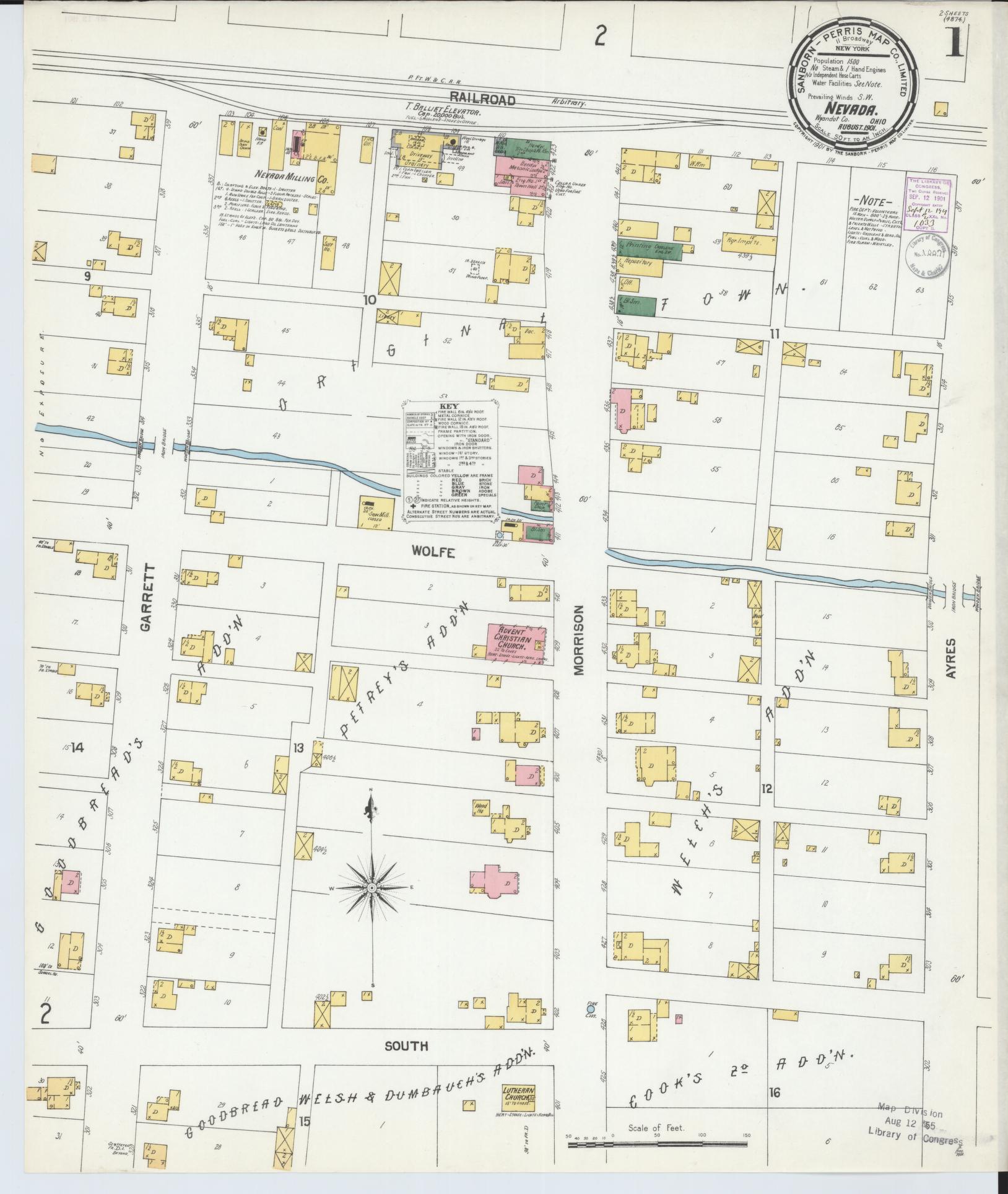 Sanborn Fire Insurance Map from Nevada, Wyandot County, Ohio (1901), Sheet #0001 - Historic Sanborn Fire Insurance Map Print, vintage old map wall art, antique decor, genealogy gift, Ohio Ohio map