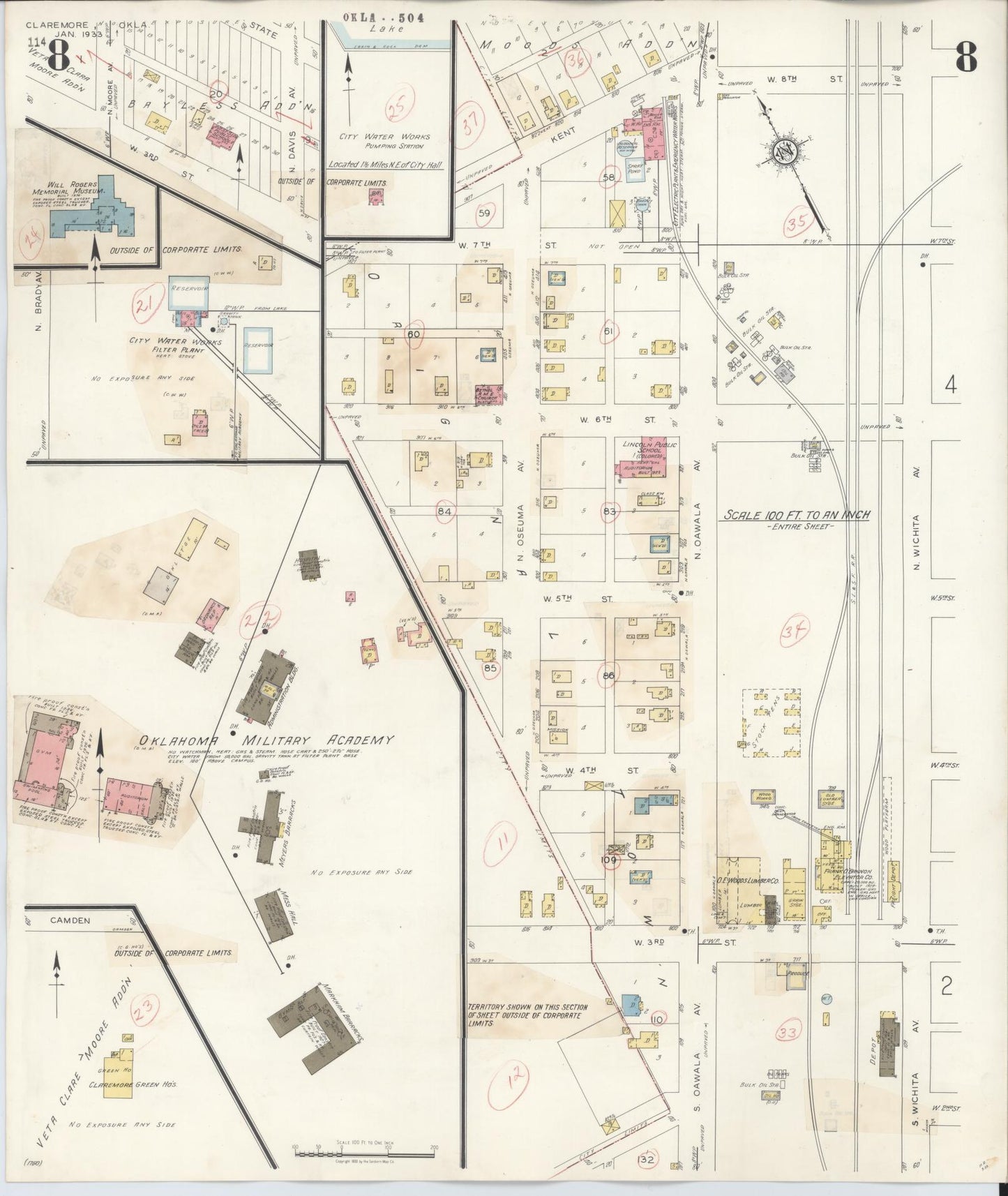 Sanborn Fire Insurance Map from Claremore, Rogers County, Oklahoma (1940), Sheet #0008 - Complete Map Set gallery image, historic Sanborn map, vintage wall art, Oklahoma Oklahoma