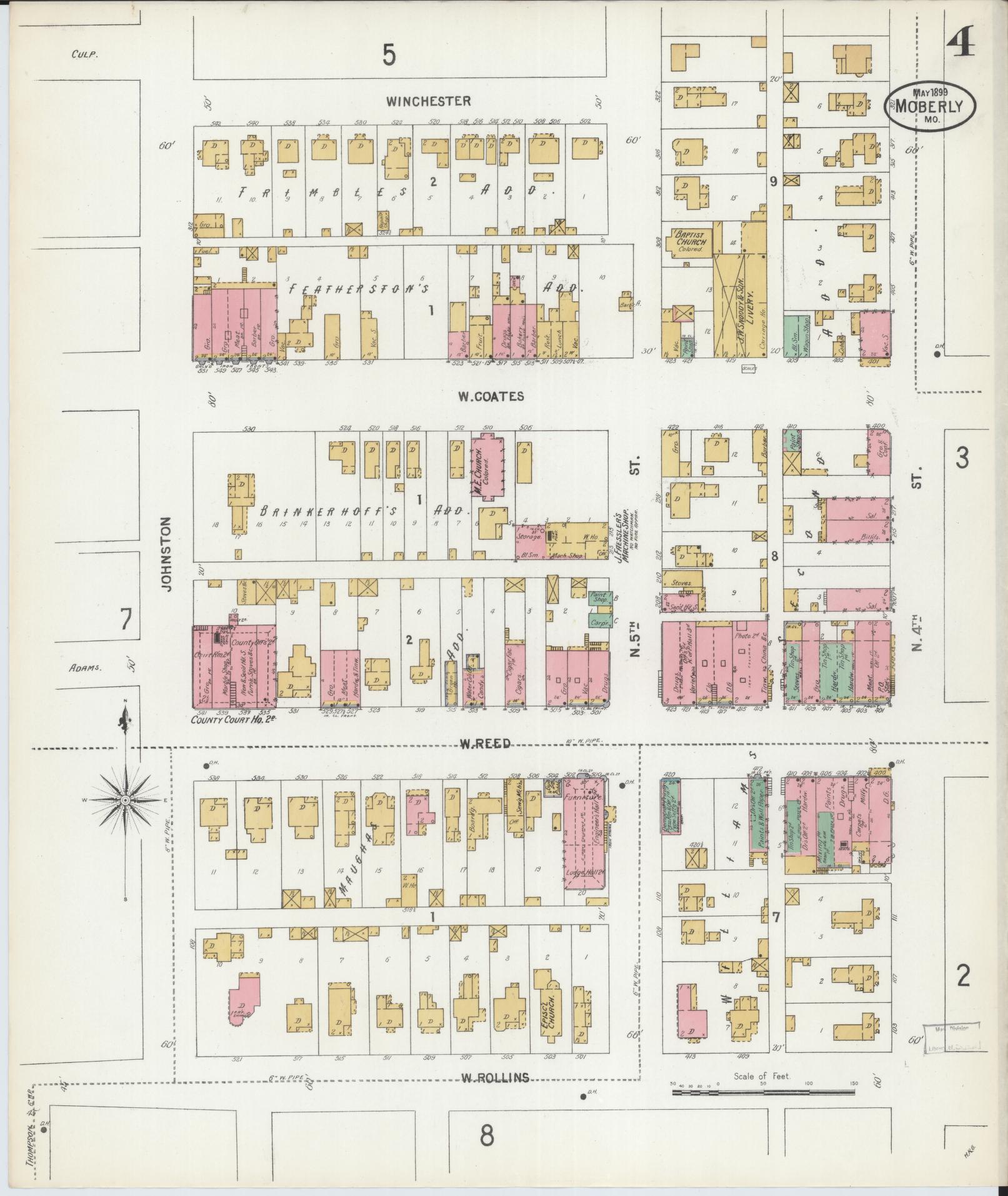 Sanborn Fire Insurance Map from Moberly, Randolph County, Missouri (1899), Sheet #0004 - Historic Sanborn Fire Insurance Map Print, vintage old map wall art, antique decor, genealogy gift, Missouri Missouri map