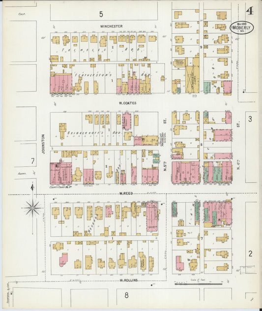 Sanborn Fire Insurance Map from Moberly, Randolph County, Missouri (1899), Sheet #0004 - Historic Sanborn Fire Insurance Map Print, vintage old map wall art, antique decor, genealogy gift, Missouri Missouri map