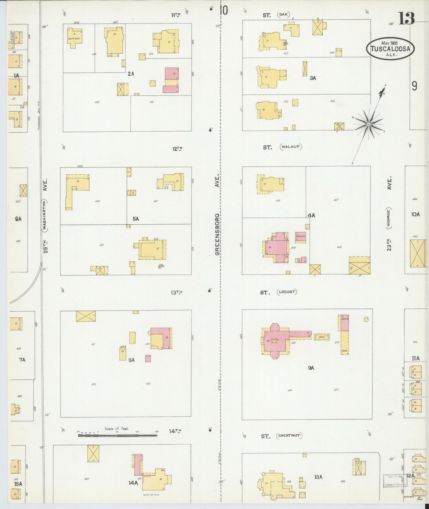 Sanborn Fire Insurance Map from Tuscaloosa, Tuscaloosa County, Alabama (1905), Sheet #0013 - Complete Map Set gallery image, historic Sanborn map, vintage wall art, Alabama Alabama