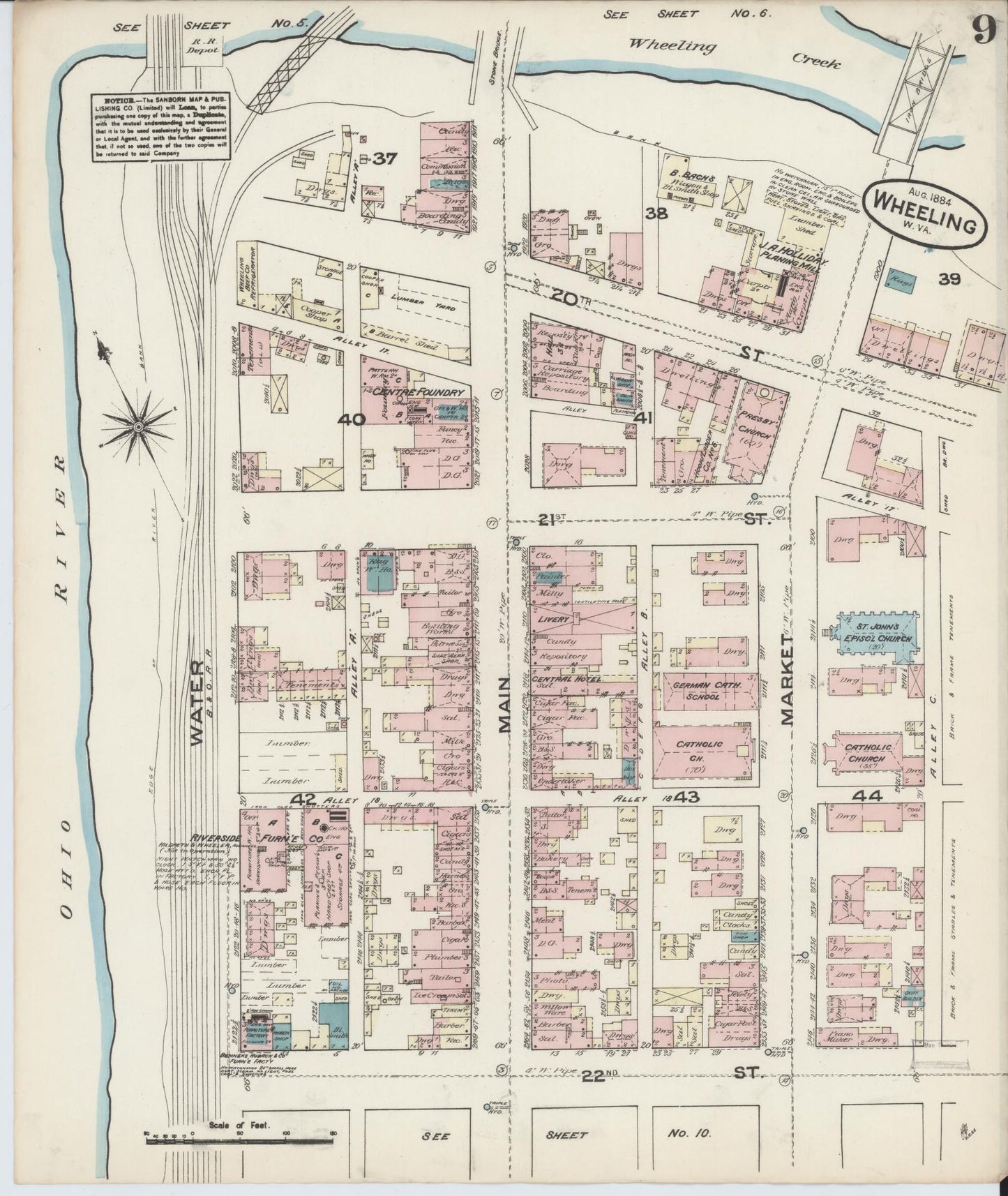 Sanborn Fire Insurance Map from Wheeling, Ohio County, West Virginia (1884), Sheet #0009 - Complete Map Set gallery image, historic Sanborn map, vintage wall art, West Virginia West Virginia
