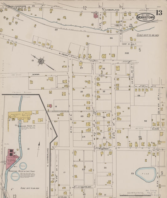 Sanborn Fire Insurance Map from Morristown, Hamblen County, Tennessee (1922), Sheet #0013 - Historic Sanborn Fire Insurance Map Print, vintage old map wall art, antique decor, genealogy gift, Tennessee Tennessee map