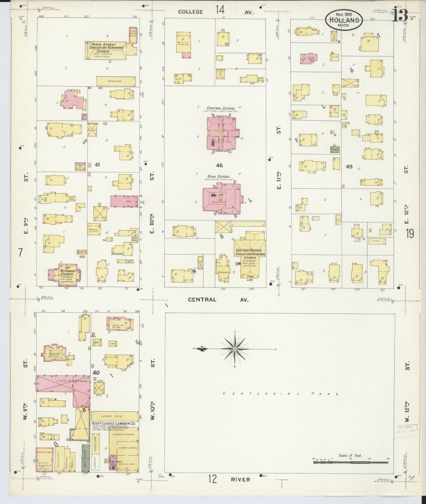 Sanborn Fire Insurance Map from Holland, Ottawa County, Michigan (1908), Sheet #0013 - Complete Map Set gallery image, historic Sanborn map, vintage wall art, Michigan Michigan