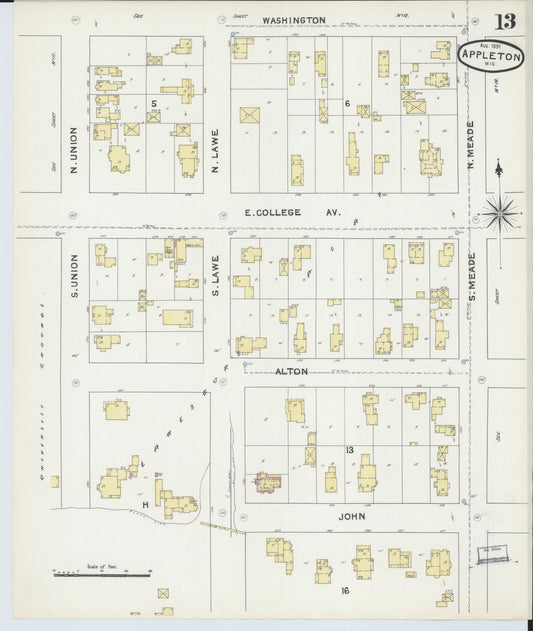 Sanborn Fire Insurance Map from Appleton, Outagamie County, Wisconsin (1891), Sheet #0013 - Historic Sanborn Fire Insurance Map Print, vintage old map wall art, antique decor, genealogy gift, Wisconsin Wisconsin map