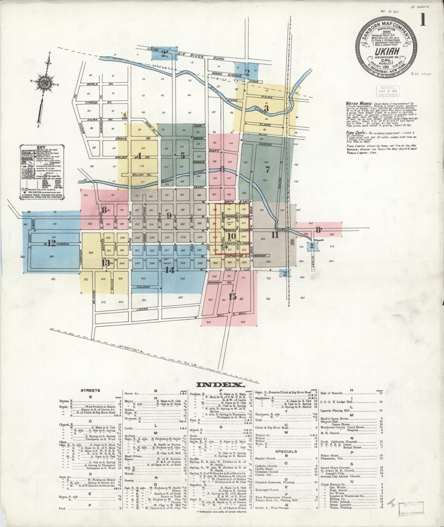 Sanborn Fire Insurance Map from Ukiah, Mendocino County, California (1911), Sheet #0001 - Complete Map Set gallery image, historic Sanborn map, vintage wall art, California California