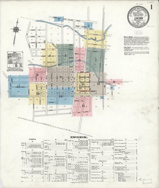 Sanborn Fire Insurance Map from Ukiah, Mendocino County, California (1911), Sheet #0001 - Complete Map Set gallery image, historic Sanborn map, vintage wall art, California California
