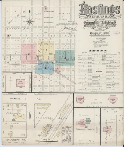 Sanborn Fire Insurance Map from Hastings, Adams County, Nebraska (1886), Sheet #0001 - Complete Map Set gallery image, historic Sanborn map, vintage wall art, Nebraska Nebraska