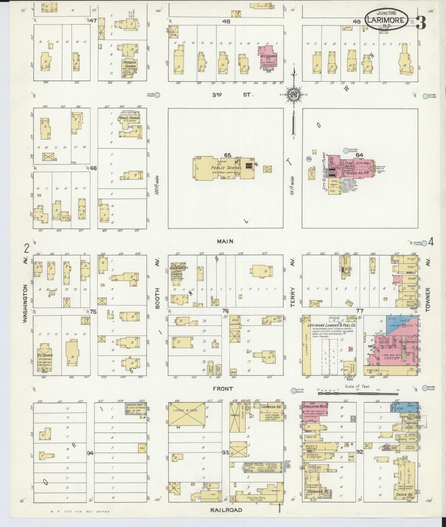 Sanborn Fire Insurance Map from Larimore, Grand Forks County, North Dakota (1916), Sheet #0003 - Complete Map Set gallery image, historic Sanborn map, vintage wall art, North Dakota North Dakota