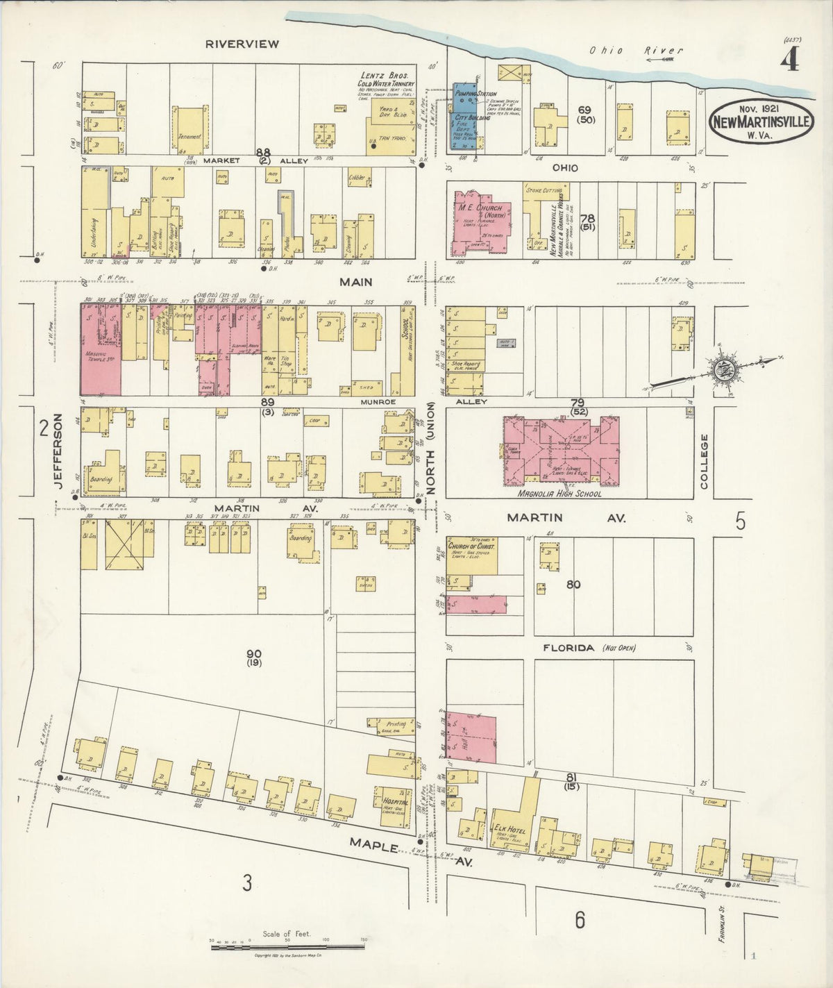 Sanborn Fire Insurance Map from New Martinsville, Wetzel County, West Virginia (1921), Sheet #0004 - Complete Map Set gallery image, historic Sanborn map, vintage wall art, West Virginia West Virginia