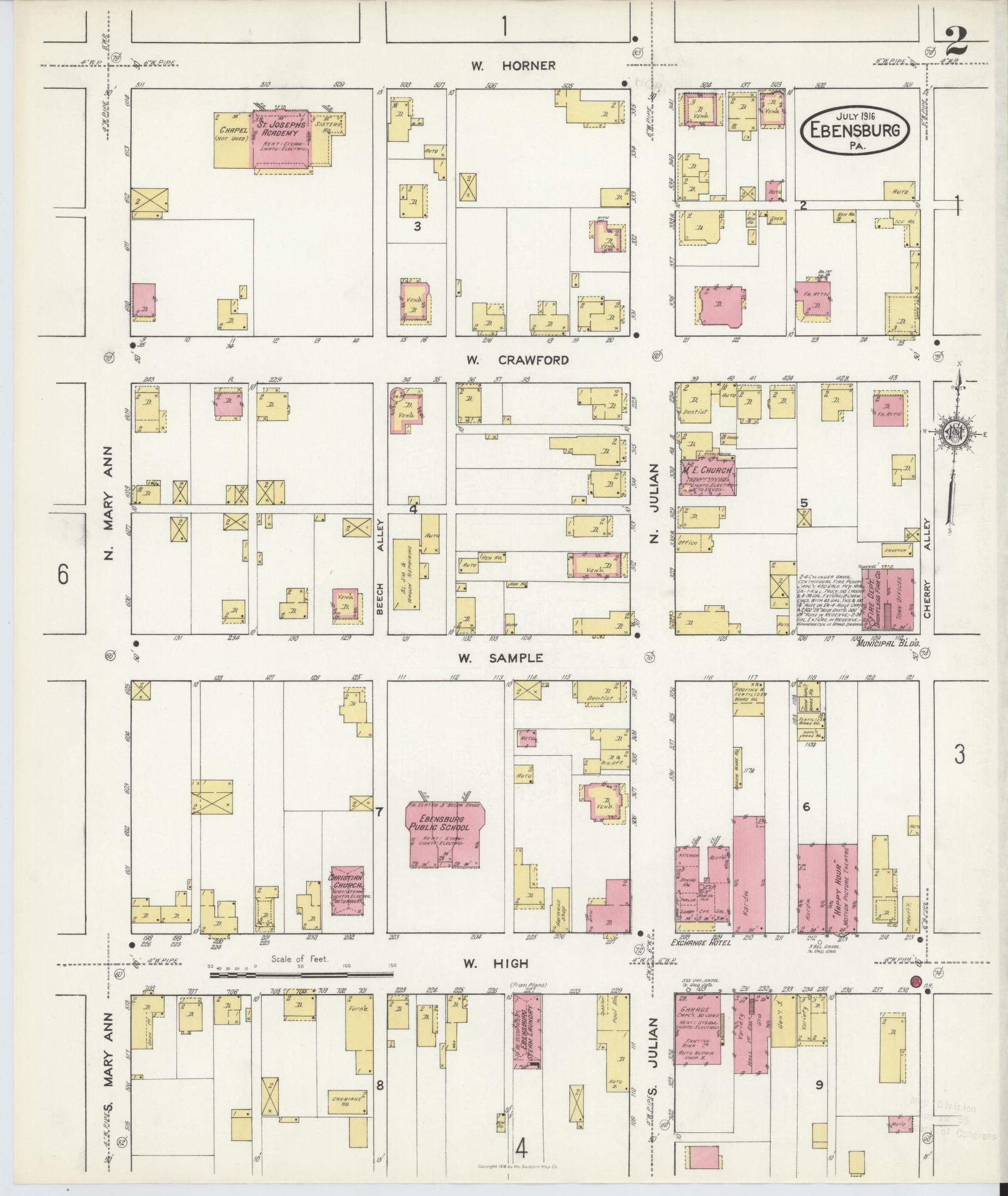 Sanborn Fire Insurance Map from Ebensburg, Cambria County, Pennsylvania (1916), Sheet #0002 - Historic Sanborn Fire Insurance Map Print, vintage old map wall art, antique decor, genealogy gift, Pennsylvania Pennsylvania map