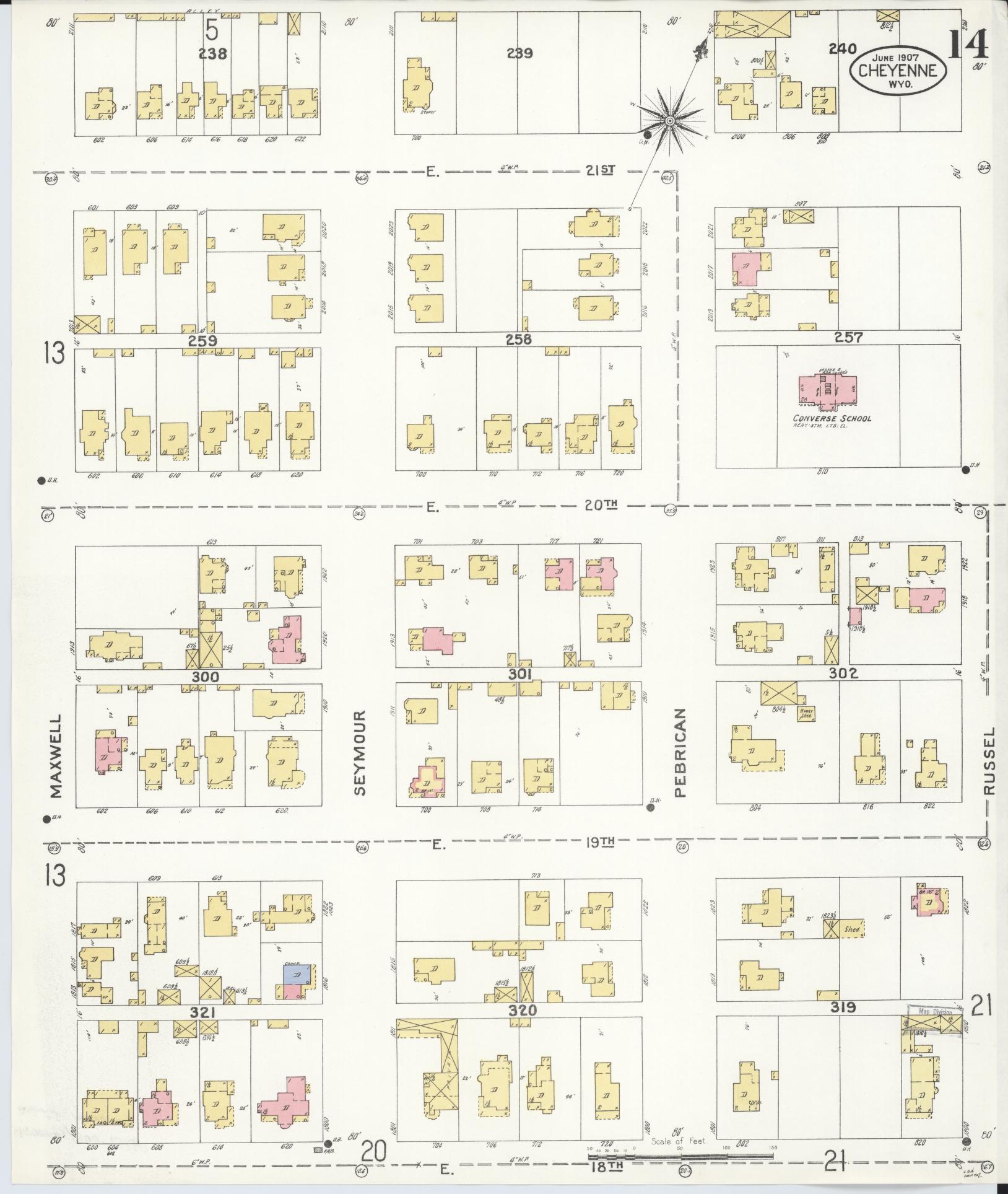 Sanborn Fire Insurance Map from Cheyenne, Laramie County, Wyoming (1907), Sheet #0014 - Complete Map Set gallery image, historic Sanborn map, vintage wall art, Wyoming Wyoming