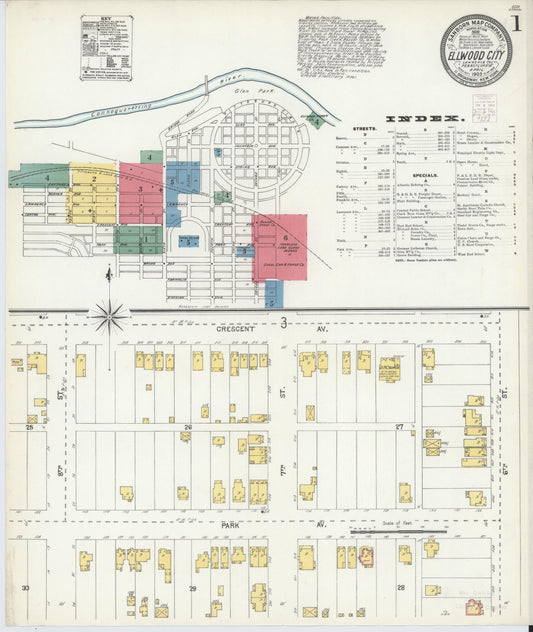 Sanborn Fire Insurance Map from Ellwood City, Lawrence County, Pennsylvania (1903), Sheet #0001 - Historic Sanborn Fire Insurance Map Print, vintage old map wall art, antique decor, genealogy gift, Pennsylvania Pennsylvania map