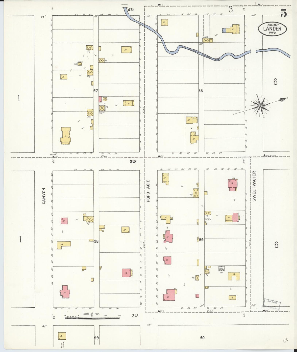Sanborn Fire Insurance Map from Lander, Fremont County, Wyoming (1907), Sheet #0005 - Complete Map Set gallery image, historic Sanborn map, vintage wall art, Wyoming Wyoming