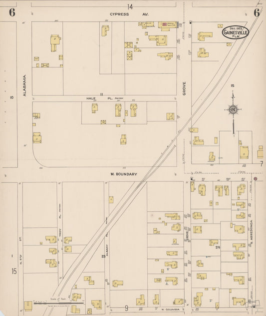 Sanborn Fire Insurance Map from Gainesville, Alachua County, Florida (1922), Sheet #0006 - Historic Sanborn Fire Insurance Map Print, vintage old map wall art, antique decor, genealogy gift, Florida Florida map