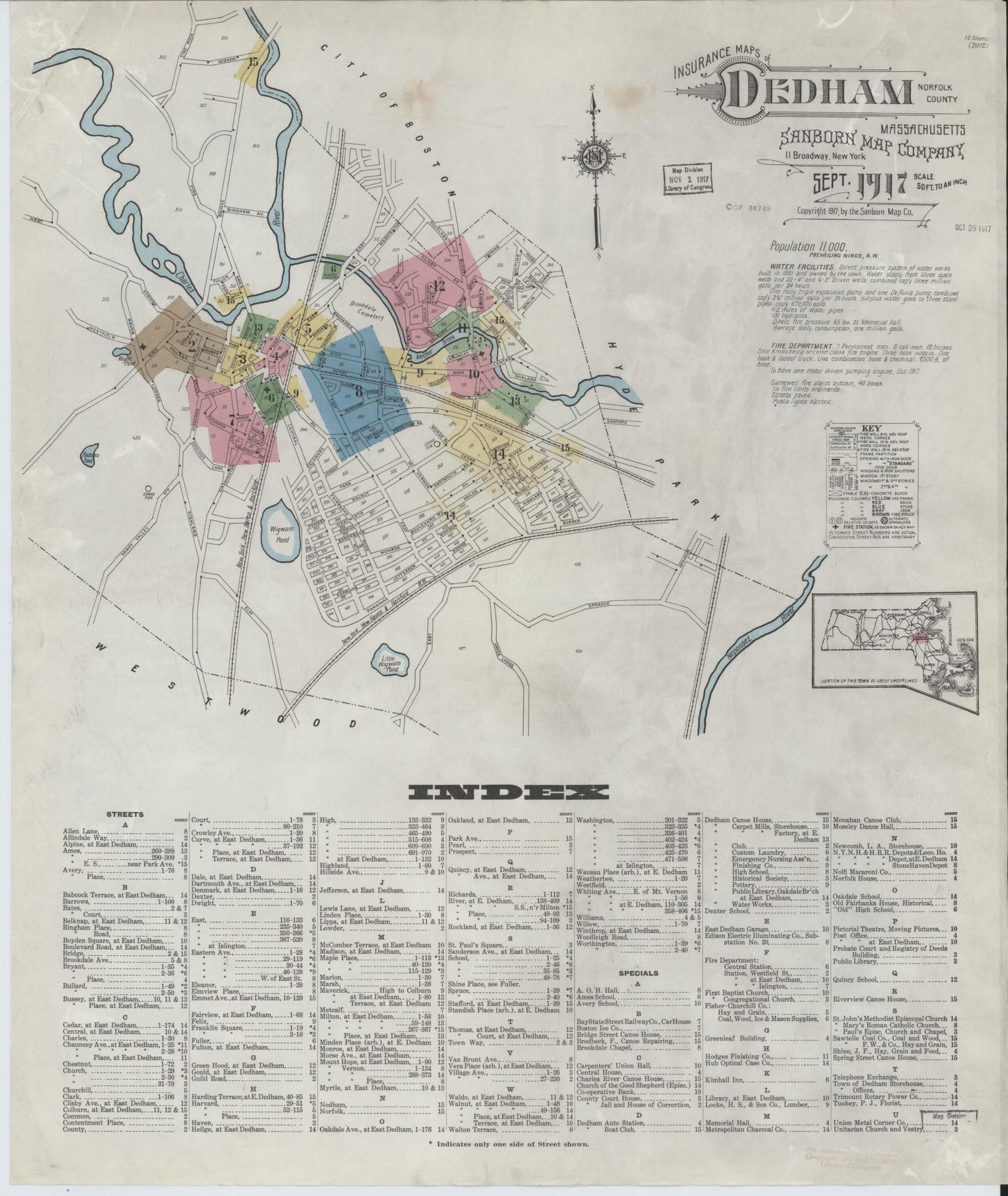 Sanborn Fire Insurance Map from Dedham, Norfolk County, Massachusetts (1917), Sheet #0001 - Complete Map Set gallery image, historic Sanborn map, vintage wall art, Massachusetts Massachusetts
