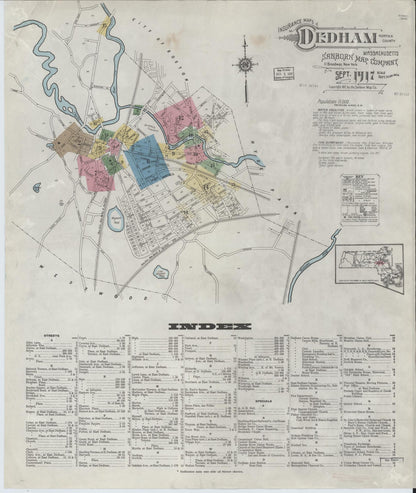 Sanborn Fire Insurance Map from Dedham, Norfolk County, Massachusetts (1917), Sheet #0001 - Complete Map Set gallery image, historic Sanborn map, vintage wall art, Massachusetts Massachusetts