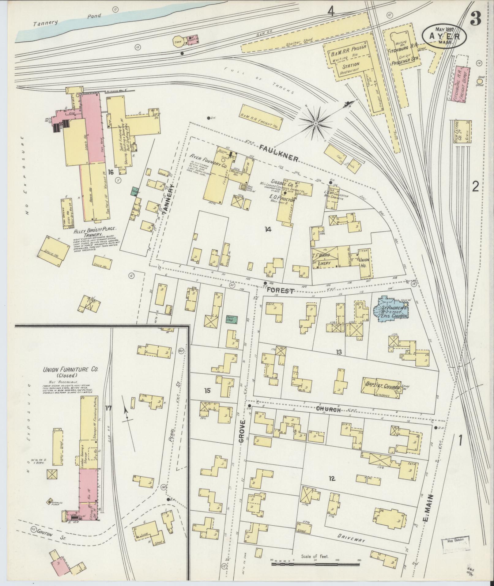 Sanborn Fire Insurance Map from Ayer, Middlesex County, Massachusetts (1897), Sheet #0003 - Historic Sanborn Fire Insurance Map Print, vintage old map wall art, antique decor, genealogy gift, Massachusetts Massachusetts map