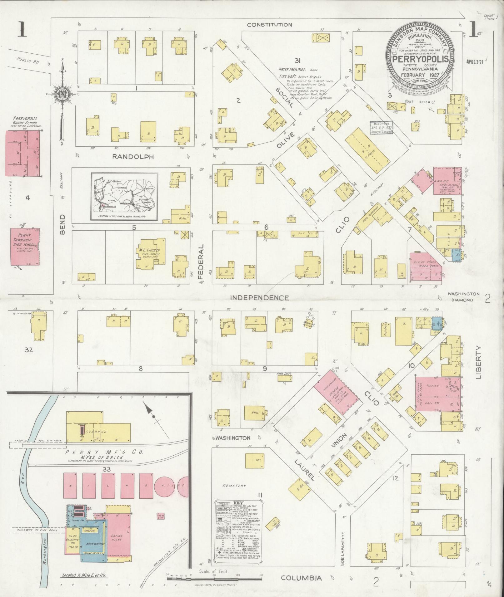 Sanborn Fire Insurance Map from Perryopolis, Fayette County, Pennsylvania (1927), Sheet #0001 - Complete Map Set gallery image, historic Sanborn map, vintage wall art, Pennsylvania Pennsylvania