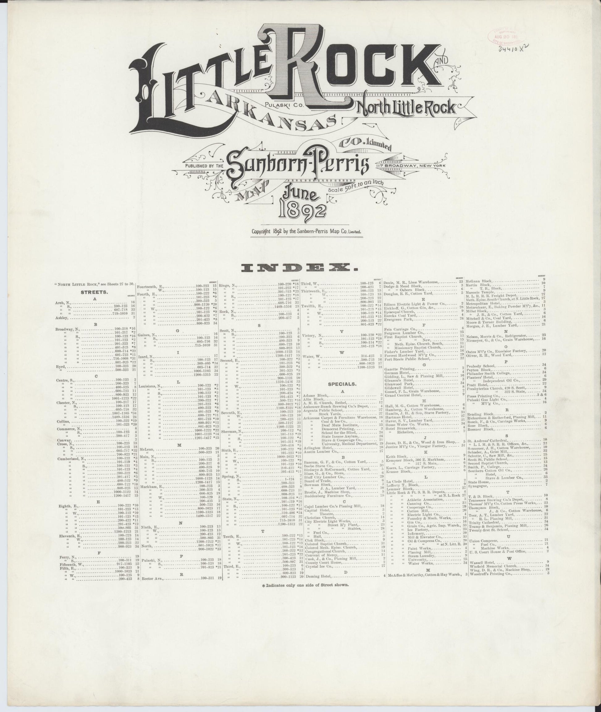 Sanborn Fire Insurance Map from Little Rock, Pulaski County, Arkansas (1892), Sheet #0001 - Historic Sanborn Fire Insurance Map Print, vintage old map wall art, antique decor, genealogy gift, Arkansas Arkansas map