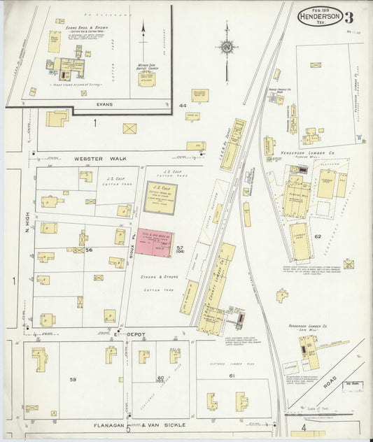 Sanborn Fire Insurance Map from Henderson, Rusk County, Texas (1919), Sheet #0003 - Historic Sanborn Fire Insurance Map Print, vintage old map wall art, antique decor, genealogy gift, Texas Texas map
