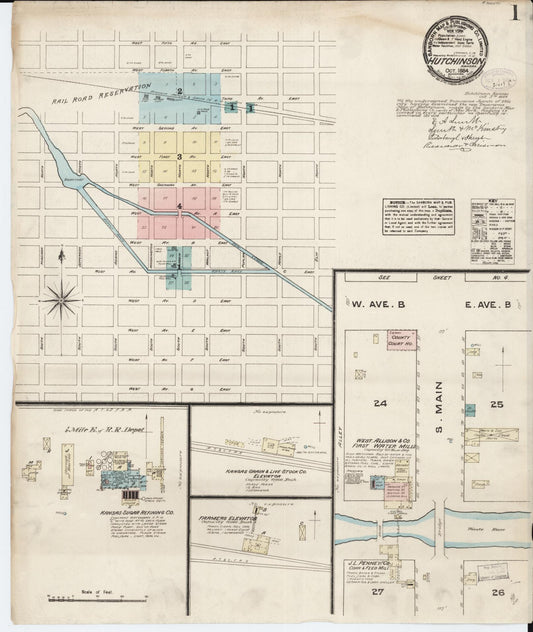 Sanborn Fire Insurance Map from Hutchinson, Reno County, Kansas (1884), Sheet #0001 - Historic Sanborn Fire Insurance Map Print, vintage old map wall art, antique decor, genealogy gift, Kansas Kansas map