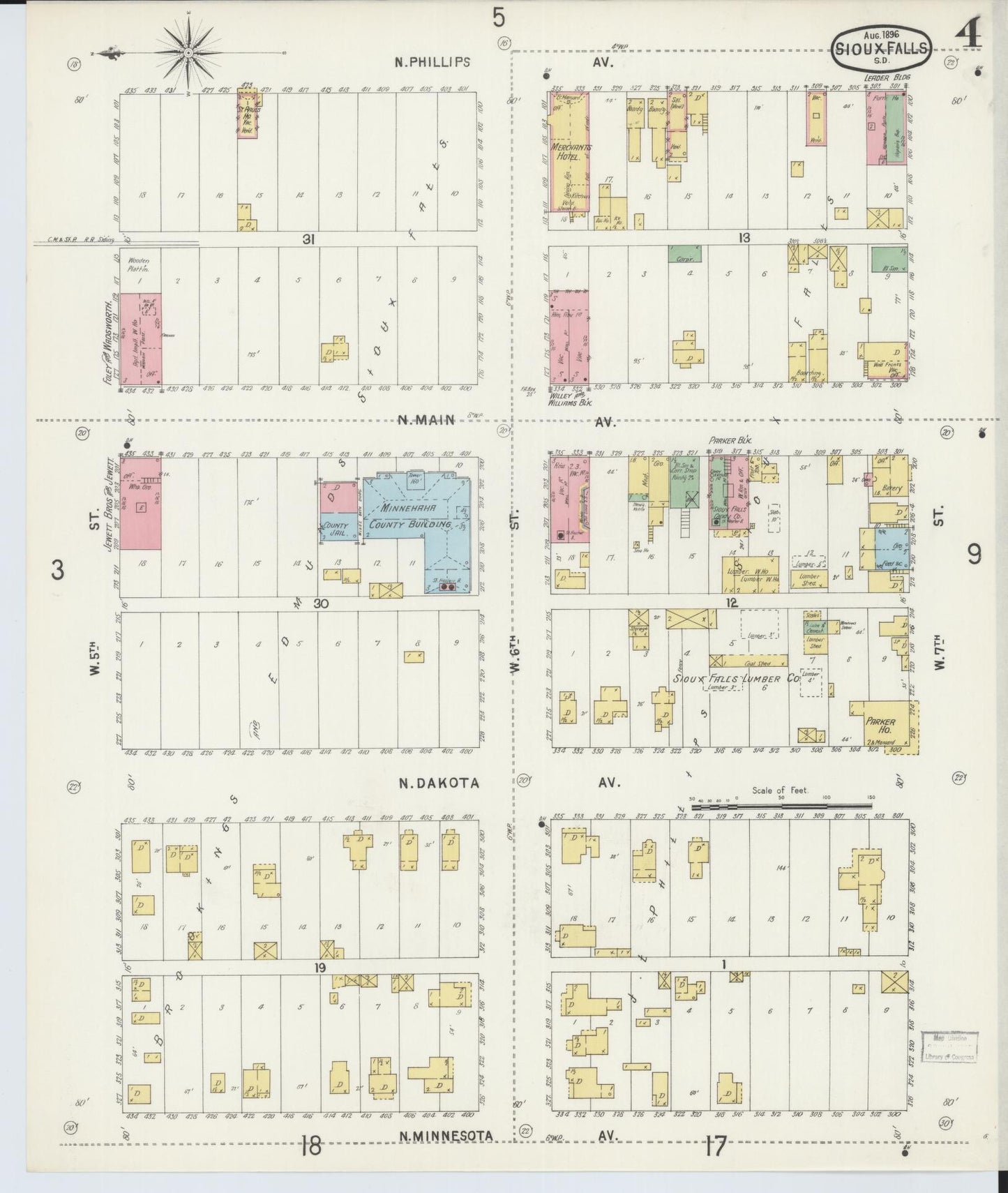 Sanborn Fire Insurance Map from Sioux Falls, Minnehaha County, South Dakota (1896), Sheet #0004 - Historic Sanborn Fire Insurance Map Print, vintage old map wall art, antique decor, genealogy gift, South Dakota South Dakota map