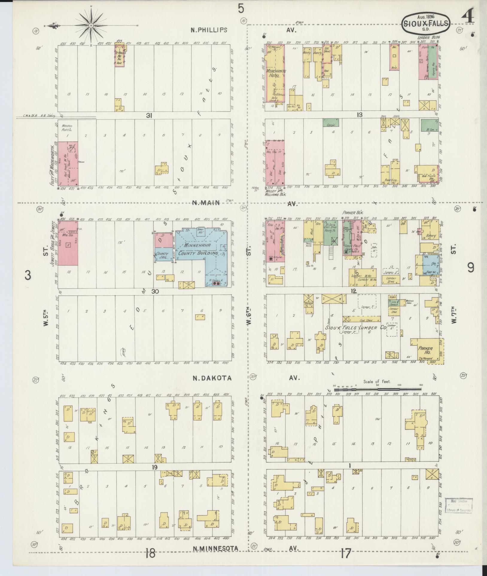 Sanborn Fire Insurance Map from Sioux Falls, Minnehaha County, South Dakota (1896), Sheet #0004 - Historic Sanborn Fire Insurance Map Print, vintage old map wall art, antique decor, genealogy gift, South Dakota South Dakota map