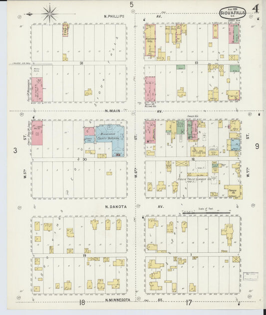 Sanborn Fire Insurance Map from Sioux Falls, Minnehaha County, South Dakota (1896), Sheet #0004 - Historic Sanborn Fire Insurance Map Print, vintage old map wall art, antique decor, genealogy gift, South Dakota South Dakota map