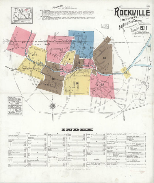 Sanborn Fire Insurance Map from Rockville, Tolland County, Connecticut (1921), Sheet #0001 - Complete Map Set gallery image, historic Sanborn map, vintage wall art, Connecticut Connecticut