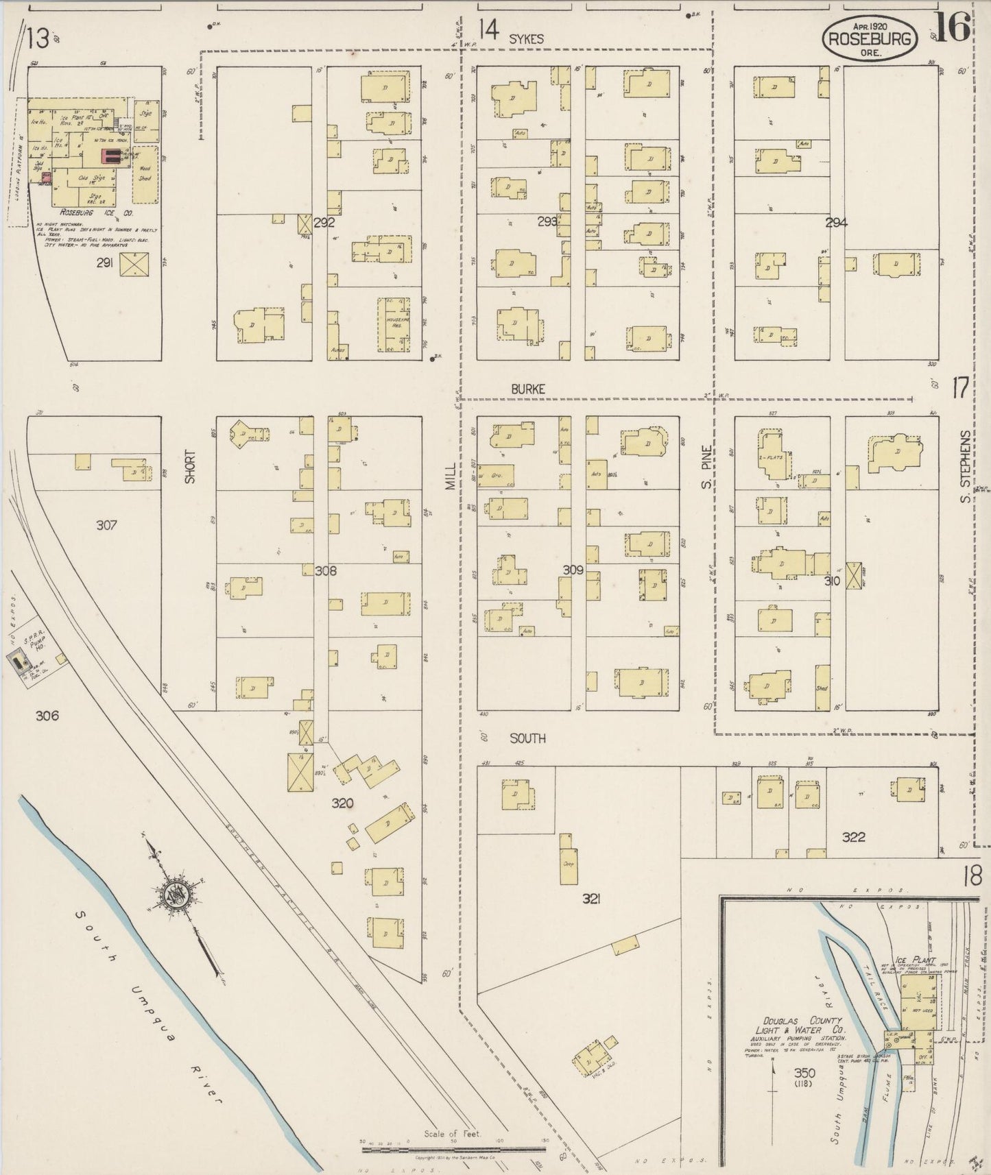 Sanborn Fire Insurance Map from Roseburg, Douglas County, Oregon (1920), Sheet #0016 - Historic Sanborn Fire Insurance Map Print, vintage old map wall art, antique decor, genealogy gift, Oregon Oregon map