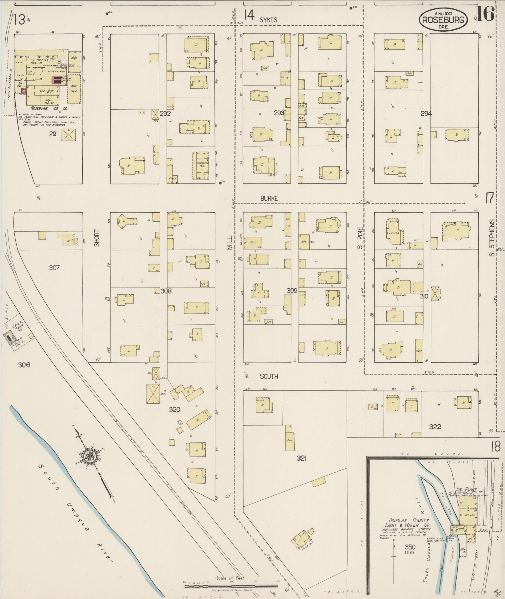 Sanborn Fire Insurance Map from Roseburg, Douglas County, Oregon (1920), Sheet #0016 - Historic Sanborn Fire Insurance Map Print, vintage old map wall art, antique decor, genealogy gift, Oregon Oregon map