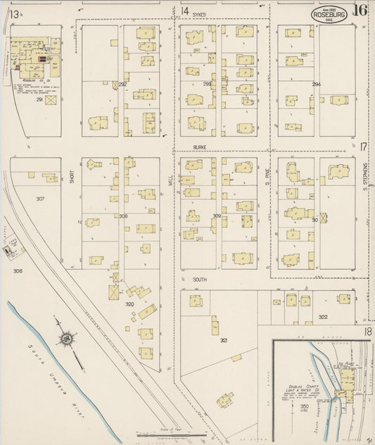 Sanborn Fire Insurance Map from Roseburg, Douglas County, Oregon (1920), Sheet #0016 - Historic Sanborn Fire Insurance Map Print, vintage old map wall art, antique decor, genealogy gift, Oregon Oregon map