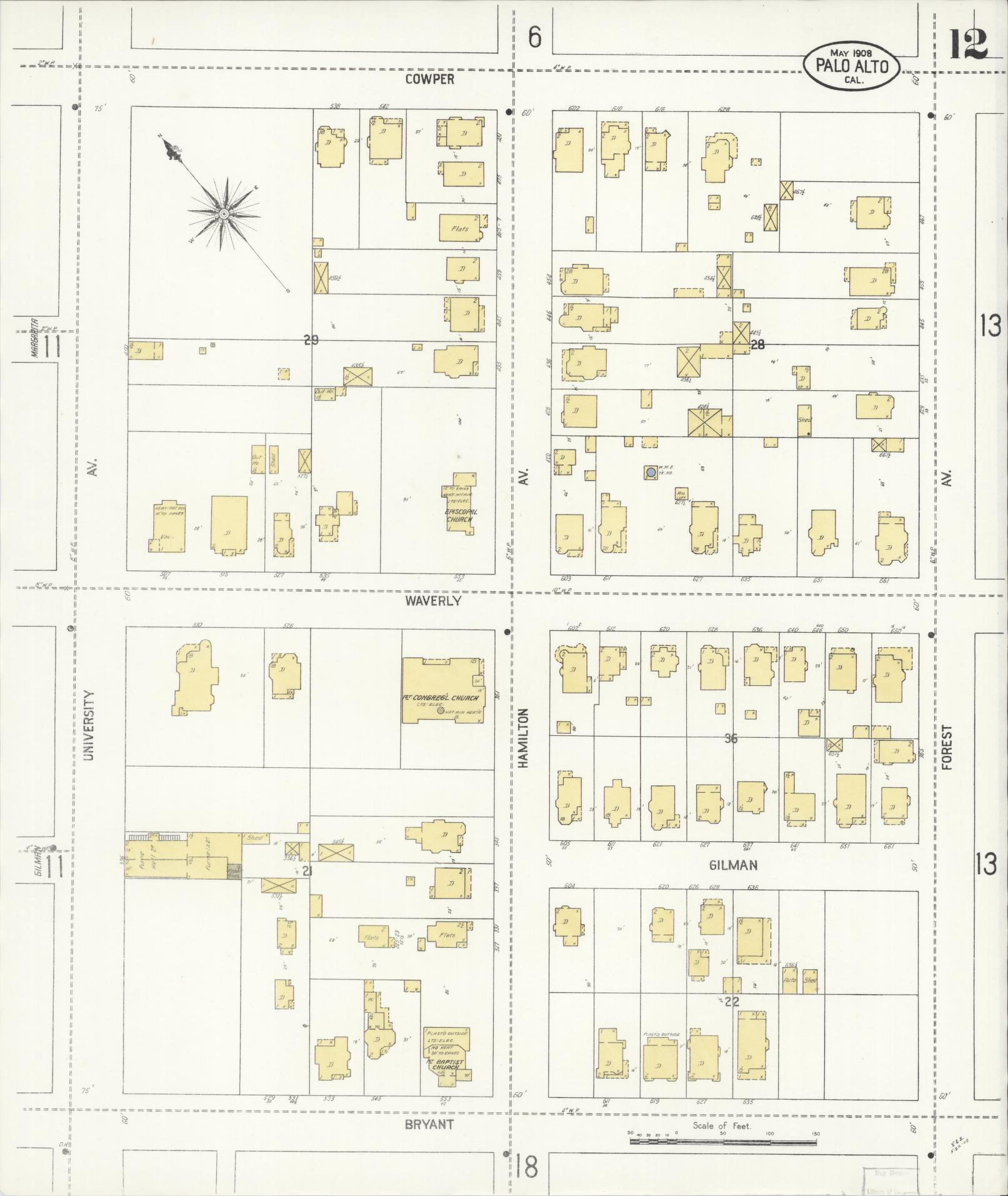 Sanborn Fire Insurance Map from Palo Alto, Santa Clara County, California (1908), Sheet #0012 - Complete Map Set gallery image, historic Sanborn map, vintage wall art, California California