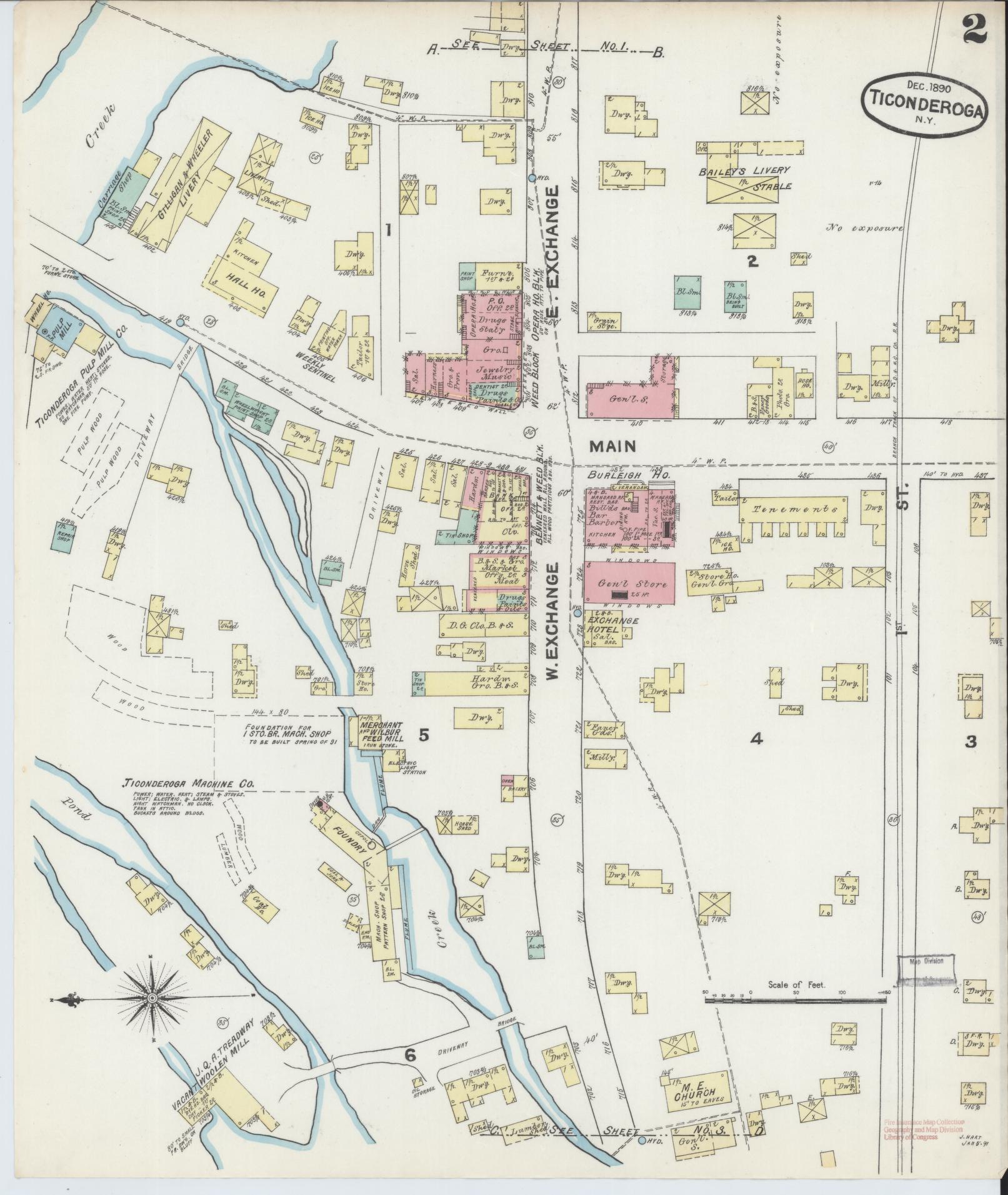 Sanborn Fire Insurance Map from Ticonderoga, Essex County, New York (1890), Sheet #0002 - Historic Sanborn Fire Insurance Map Print, vintage old map wall art, antique decor, genealogy gift, New York New York map