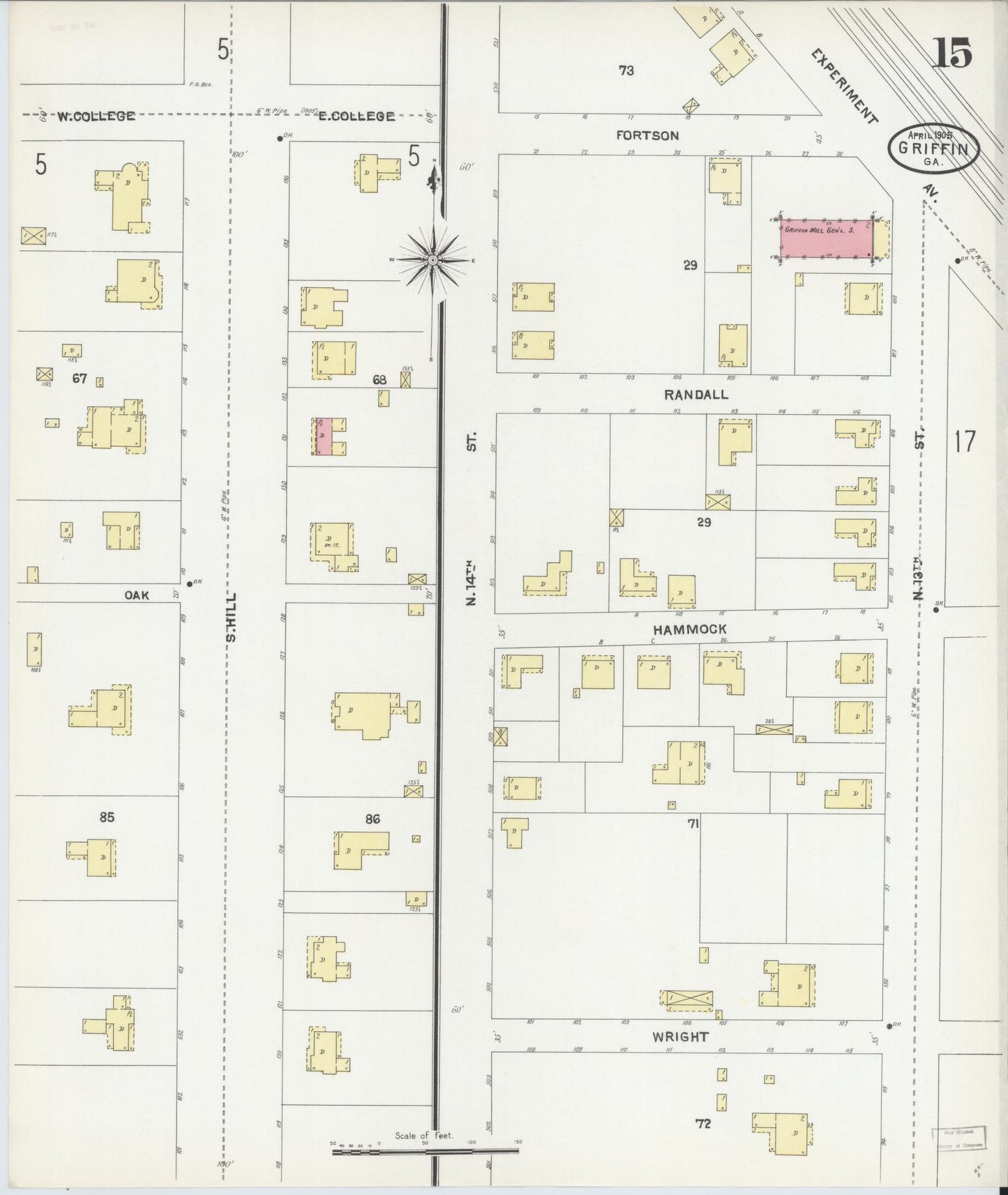 Sanborn Fire Insurance Map from Griffin, Spalding County, Georgia (1905), Sheet #0015 - Historic Sanborn Fire Insurance Map Print, vintage old map wall art, antique decor, genealogy gift, Georgia Georgia map