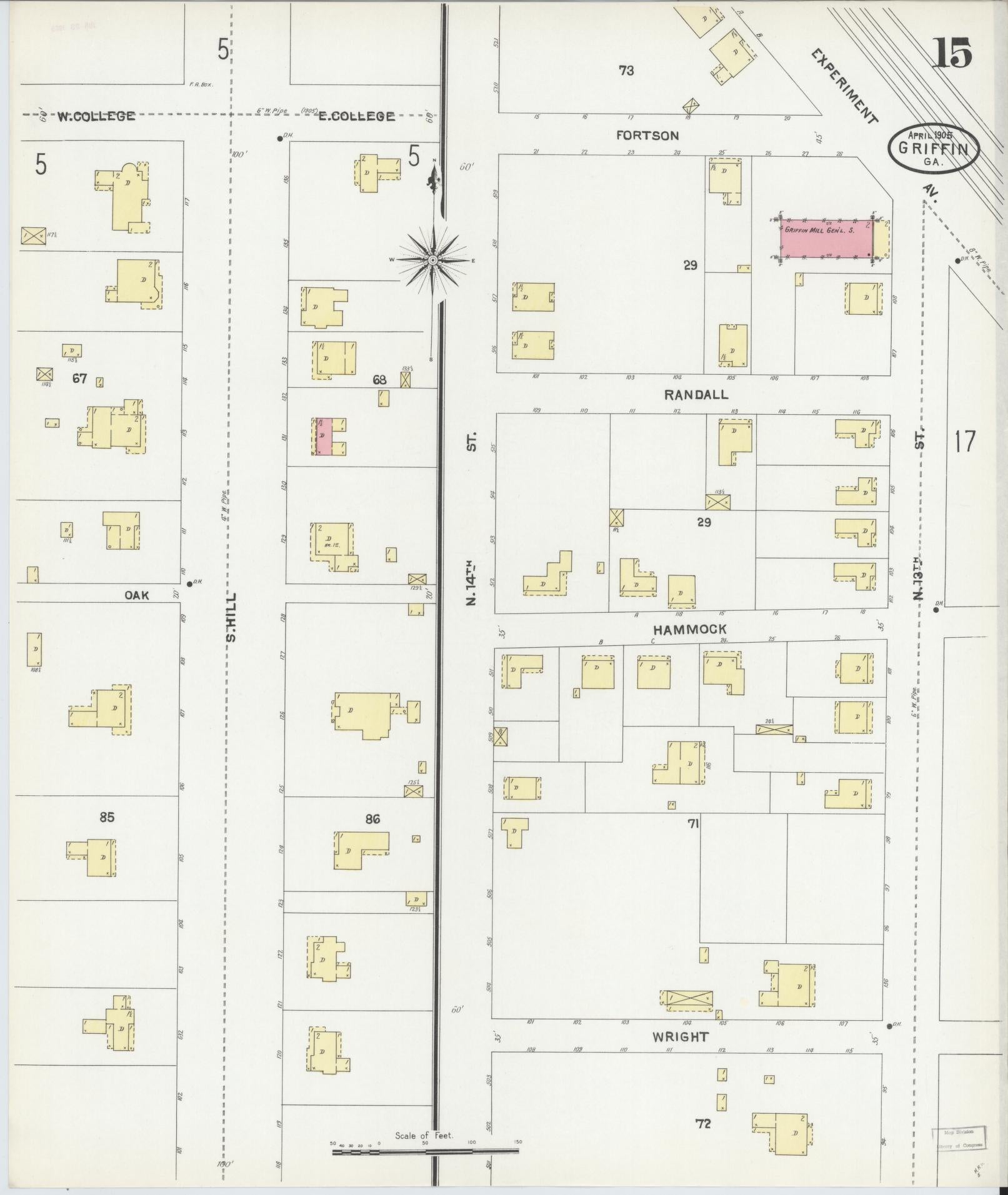Sanborn Fire Insurance Map from Griffin, Spalding County, Georgia (1905), Sheet #0015 - Historic Sanborn Fire Insurance Map Print, vintage old map wall art, antique decor, genealogy gift, Georgia Georgia map