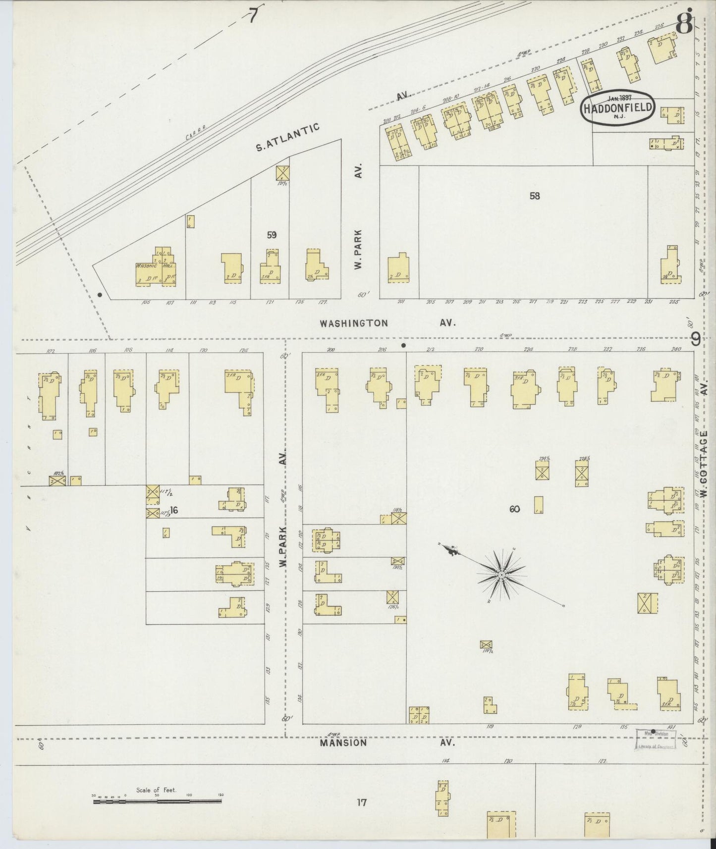 Sanborn Fire Insurance Map from Haddonfield, Camden County, New Jersey (1897), Sheet #0008 - Historic Sanborn Fire Insurance Map Print, vintage old map wall art, antique decor, genealogy gift, New Jersey New Jersey map