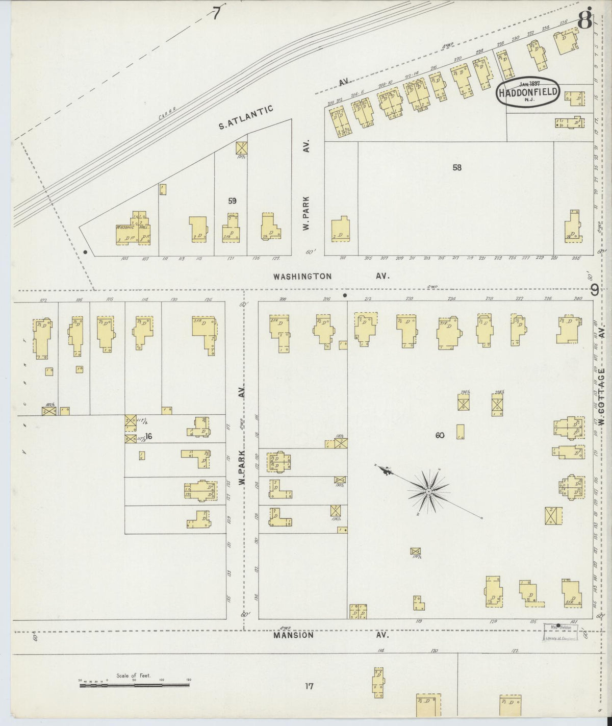 Sanborn Fire Insurance Map from Haddonfield, Camden County, New Jersey (1897), Sheet #0008 - Historic Sanborn Fire Insurance Map Print, vintage old map wall art, antique decor, genealogy gift, New Jersey New Jersey map