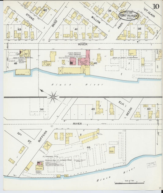 Sanborn Fire Insurance Map from Port Huron, Saint Clair County, Michigan (1892), Sheet #0010 - Historic Sanborn Fire Insurance Map Print, vintage old map wall art, antique decor, genealogy gift, Michigan Michigan map