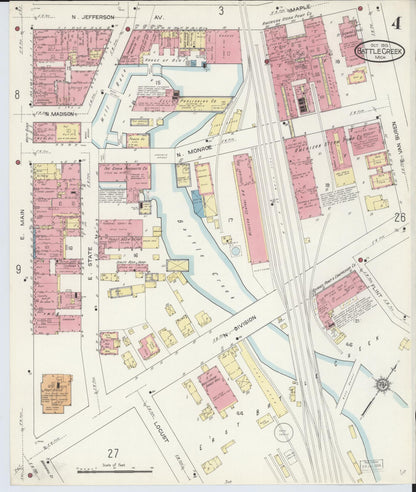 Sanborn Fire Insurance Map from Battle Creek, Calhoun County, Michigan (1913), Sheet #0004 - Historic Sanborn Fire Insurance Map Print, vintage old map wall art, antique decor, genealogy gift, Michigan Michigan map