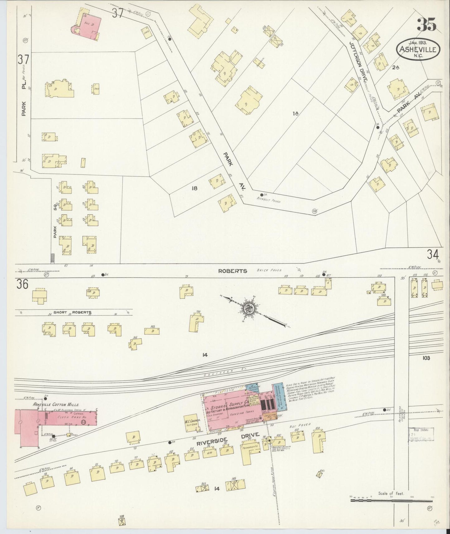 Sanborn Fire Insurance Map from Asheville, Buncombe County, North Carolina (1913), Sheet #0035 - Historic Sanborn Fire Insurance Map Print, vintage old map wall art, antique decor, genealogy gift, North Carolina North Carolina map