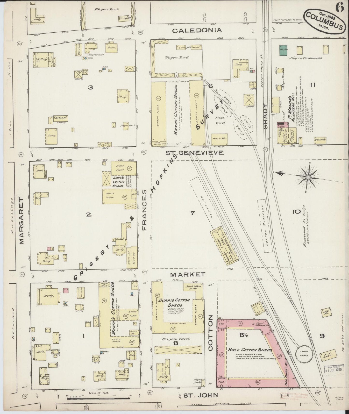 Sanborn Fire Insurance Map from Columbus, Lowndes County, Mississippi (1885), Sheet #0006 - Historic Sanborn Fire Insurance Map Print, vintage old map wall art, antique decor, genealogy gift, Mississippi Mississippi map