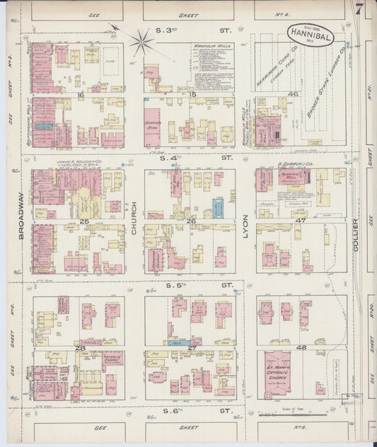 Sanborn Fire Insurance Map from Hannibal, Marion County, Missouri (1885), Sheet #0007 - Historic Sanborn Fire Insurance Map Print, vintage old map wall art, antique decor, genealogy gift, Missouri Missouri map