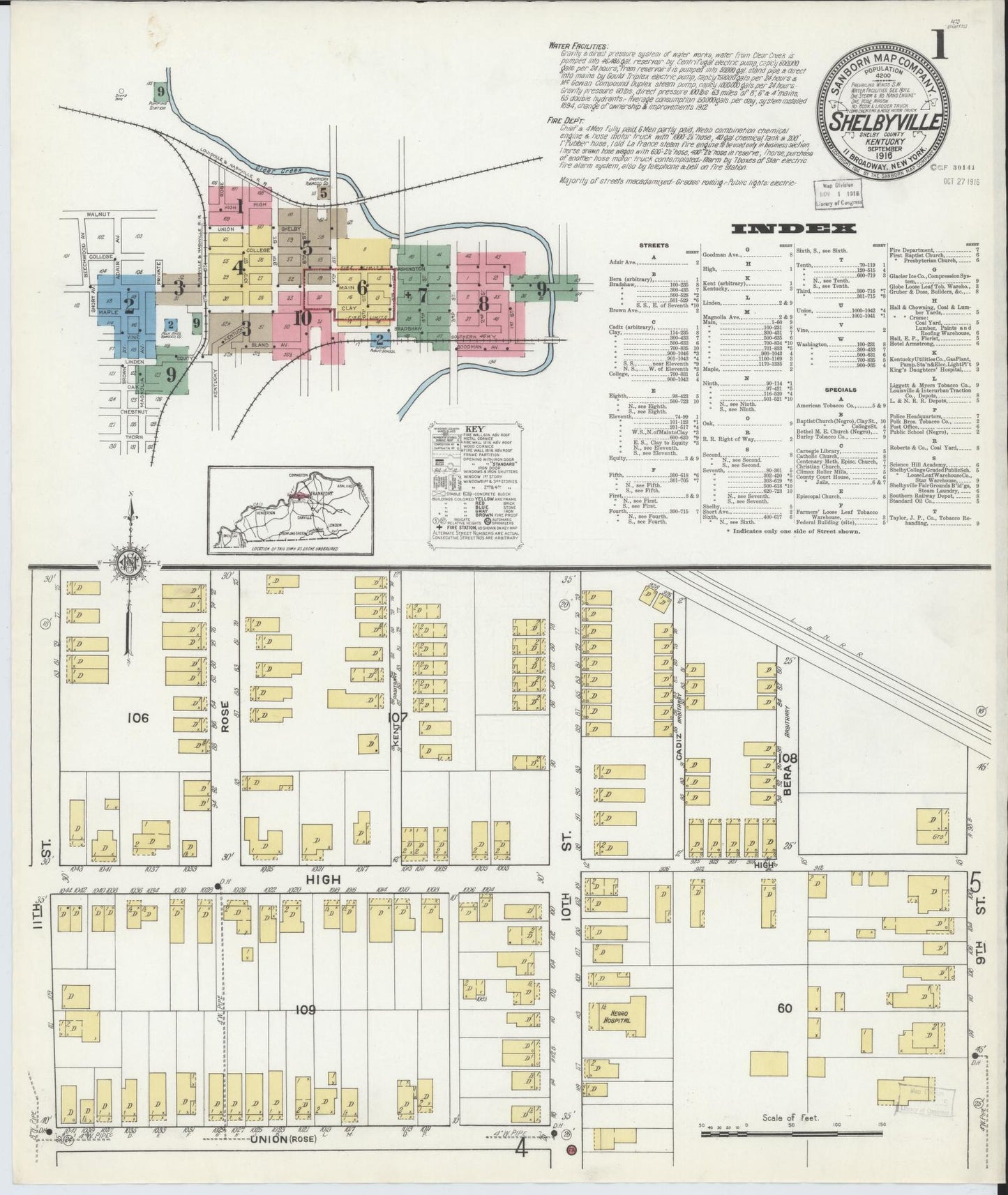 Sanborn Fire Insurance Map from Shelbyville, Shelby County, Kentucky (1916), Sheet #0001 - Complete Map Set gallery image, historic Sanborn map, vintage wall art, Kentucky Kentucky