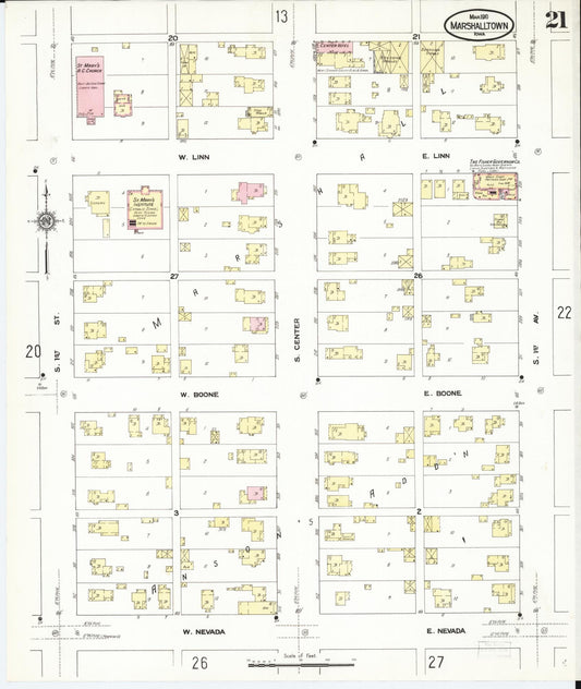 Sanborn Fire Insurance Map from Marshalltown, Marshall County, Iowa (1910), Sheet #0021 - Historic Sanborn Fire Insurance Map Print, vintage old map wall art